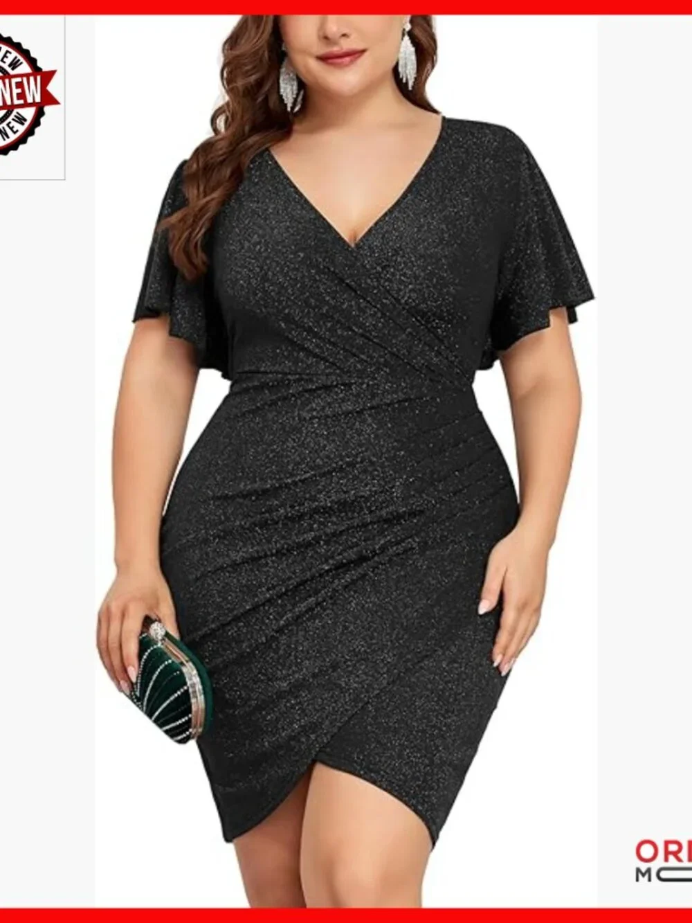 Plus Size Glitter Ruched Bodycon Mini Dress with Ruffle Sleeves Cocktail Party